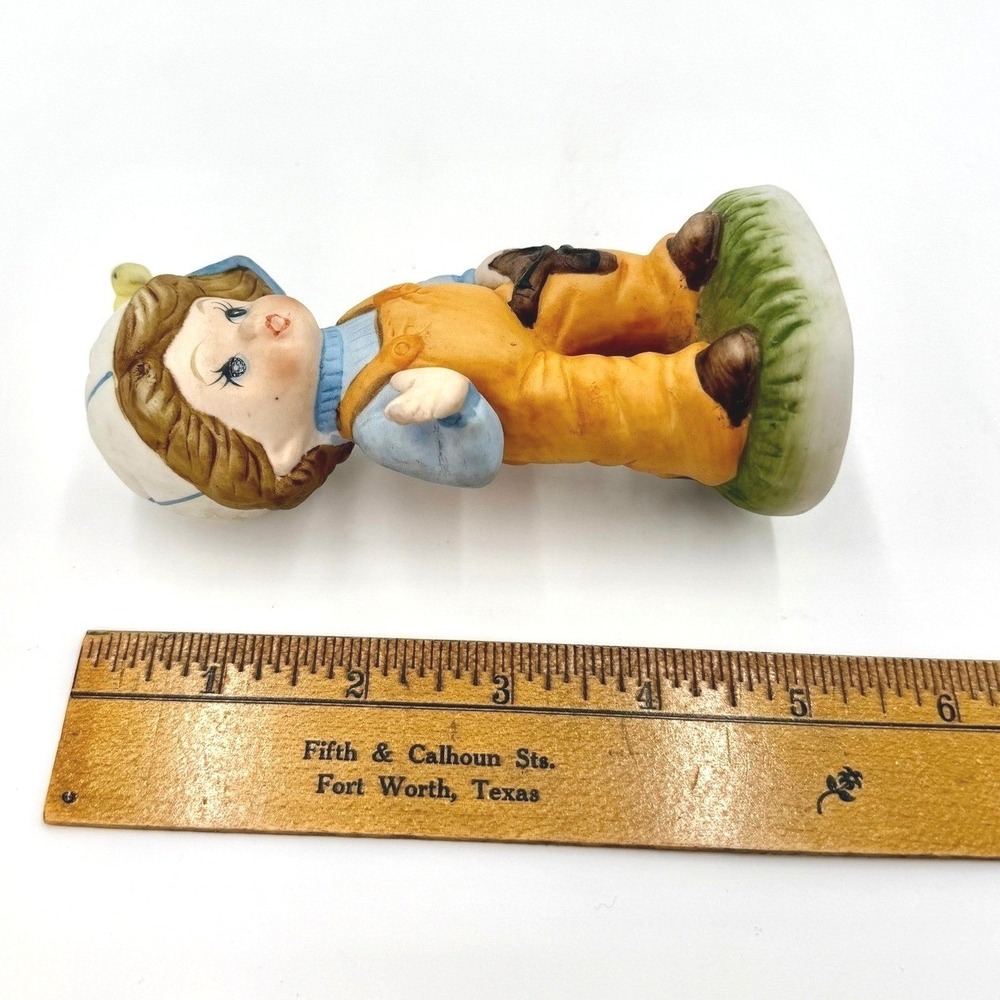 Vintage Bisque Porcelain Boy Figurine Slingshot Bird Hat Orange Overalls - Picture 6 of 6